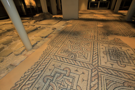 Byzantine Mosaic with geometrical patterns, from the new monument discovered over the last few decades in Ravenna : The Domus of Stone Carpets. These mosaics were part of a byzantine palace from the 6th century. Ravenna, Italy -