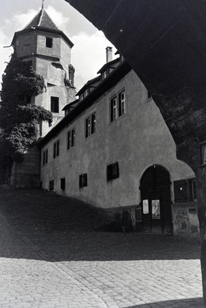 The entrance tower of the abbey in Hirsau, Black Forest, Germany 1930s (b/w photo)