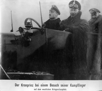 Crown Prince Wilhalm in a combat aircraft on the Western Front, 1915 (b/w photo)