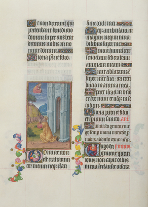 Ms. 65/1284 fol. 62r David, illustration of Psalms, from 'Très Riches Heures du Duc de Berry' (vellum)