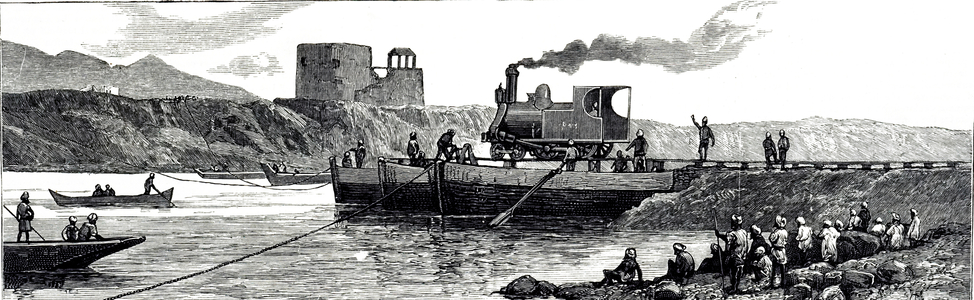 An engraving depicting the first engine for the Peshawar Railway, India, being transported across Attock, 19th century