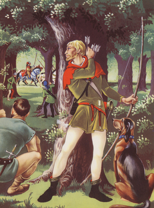 Robin Hood in Sherwood Forest (colour litho)