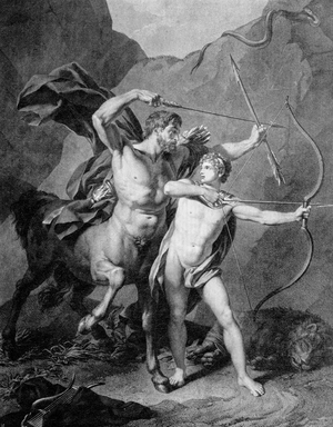 Young Achilles practices archery with Chiron, 'Die Graphischen Künste der Gegenwart' by Theodor Goebe, 1902 (print)