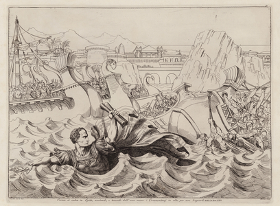 Julius Caesar saving his Commentaries from getting wet (etching)