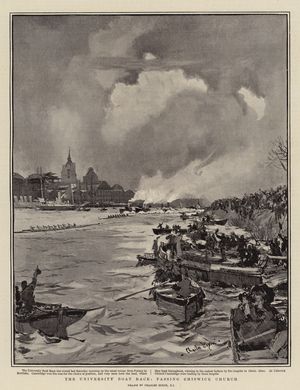 The University Boat Race, passing Chiswick Church (litho)