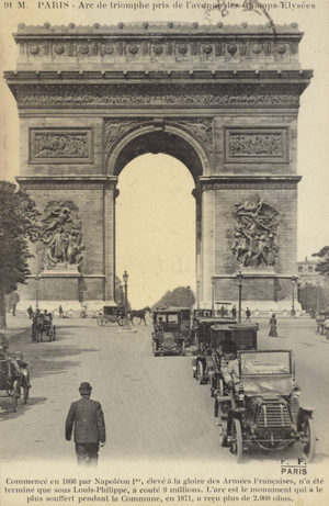 Postcard depicting the Arc de Triomphe on the Champs-Elysees (b/w photo)