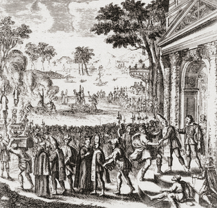 A scene from the Portuguese Inquisition at Goa in the 17th century.  After the engraving from Dellon's Relations de l'Inquisition de Goa,1688.  From British Merchant Adventurers, published 1942.