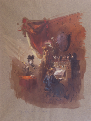 Mme Alvarez (Mamita) supervising her granddaughter Gigi's piano practise, 1951 (gouache on paper)