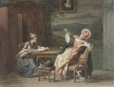 Two Young Women at a Table, 1870 (watercolour and pencil)