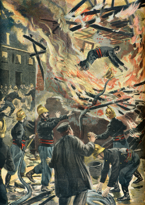 Death of fireman Bailly during a mill fire in Bourges in 1898 (Engraving)