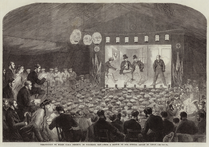 Theatricals on Board HMS Perseus, in Yokohama Bay (engraving)