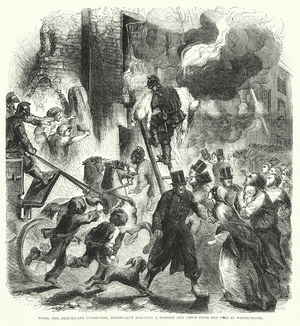 Wood, the fire escape conductor heroically rescuing a mother and child from the fire in Whitechapel (engraving)
