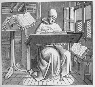 Literature. Writing. A copyist in the Middle Age. Engraving in: Grands hommes et grands faits de l'industrie, France, c.1880 (engraving)