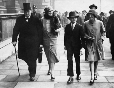 Winston Churchill with his wife Clementine Churchill and two children, 1926 (b/w photo)