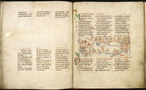 Double-page spread from Harley Psalter with pen drawing.