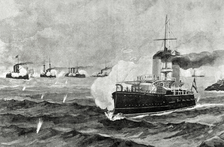 Spanish-American War, 1898:The cruiser Colon, leaving the Bay of Santiago, disperses the Yankee ships that bombed the site (engraving)