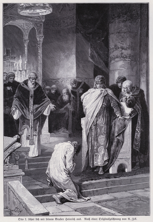 Otto I, King of East Francia, reconciled with his brother, Henry, who had plotted to have him assassinated in 941 (engraving)
