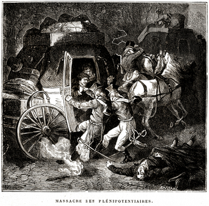 Massacre of the French plenipotentiary ministers by the Austrian Hussars on 28 April 1799 in Rastadt (engraving)