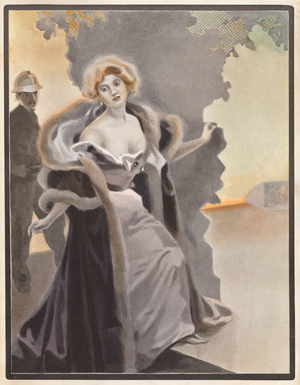Woman at the theatre in a gown and fur trimmed cape (colour litho)