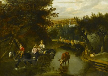 A wooded landscape with peasants in a horse-drawn cart travelling down a flooded road (oil on canvas)