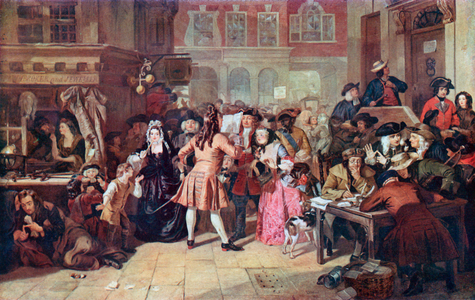 The South Sea Bubble: A Scene in Change Alley in 1720 (colour litho)
