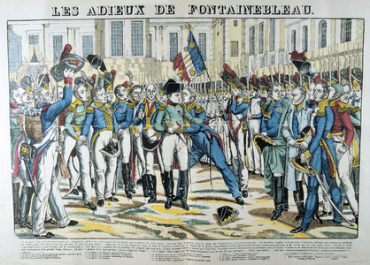Napoleon I taking his leave at Fontainbleau of the Old Guard before going into exile onSt Helena, 20 April 1814. 19th century (french popular hand-coloured woodcut)