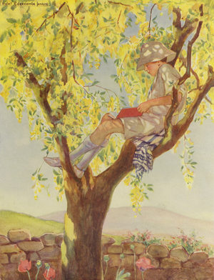 Boy sitting in a tree and reading a book (colour litho)