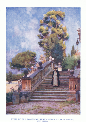 Steps of Dominican Nun's church of SS Domencio and Sisto, from Rome published by A & C Black Ltd, 1925 (colour litho)