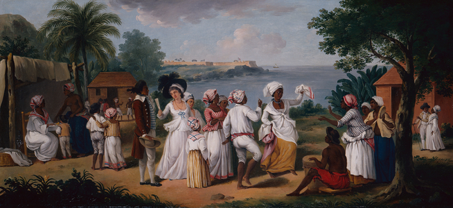 Black people dancing in the Island of Dominica, Fort Young beyond (oil on canvas)