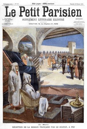Frontpage of french newspaper Le petit Parisien february 19, 1905: in Morocco, french mission is received by sultan Moulay Hafid in Fes