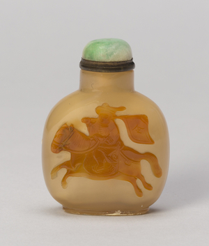 Snuff Bottle with Equestrian Bannerman with Flag (chalcedony with carved decoration)