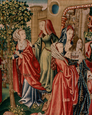 Flemish tapestry. Series Human Redemption or Vices and Virtues. Vices lead Man to sin (Los Vicios conducen al Hombre al pecado). Second tapestry in the series (first of those kept in Palencia. Brussels’ manufacture, workshop. Ca 1510. Size 425 x 800 cm. Fabric Silk and wool, 7 warps per cm. Location Cathedral of Palencia. Origin A bequest by Bishop Fonseca, 1527. On display in the Chapter House.