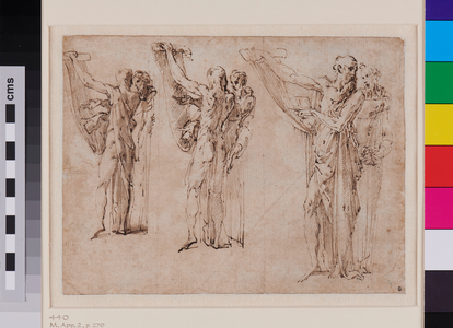 Three studies of St Jerome and St Francis in conversation, recto c. 1534 - 1539 (pen and brown ink with grey wash on laid paper)