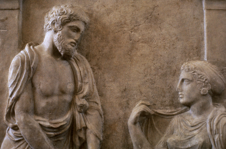 Greeks, Funerary stele for Ktesilaos and Theano, c.370 BC Marble, Athens,