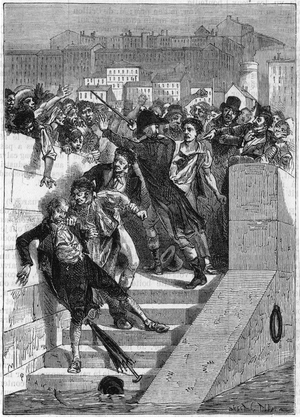 Joseph-Marie Jacquard (1752-1834) French inventor. Jacquard, inventor of the punched card loom (1801-1808), was attacked by the silk weavers of Lyon, who were afraid his loom would put them out of work. From Le Voleur. (Paris, 27 August 1880). Engraving.