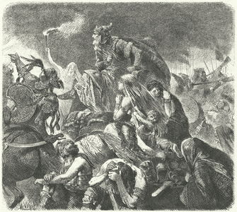 Attila the Hun after the decisive attack by the Visigoths at the Battle of Chalons, 451 (engraving)