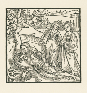 The knight in meditation is joined by his two daughters, 1493 (woodcut)