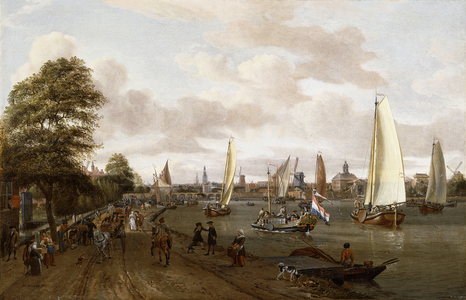 A Panoramic View of Amsterdam with a barge and smallships on the Buiten-Amstel,  (oil on canvas)