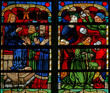 Window w236 depicting Daniel confounds the elders - who are then stoned (stained glass)