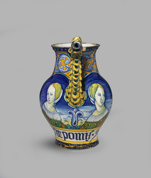 Dragon-spouted drug jar or orciolo with two female half-length figures, c.1520 (tin-glazed earthenware (maiolica))