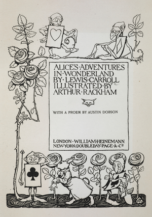 Title page with a rose bush, the White Rabbit and men dressed as cards