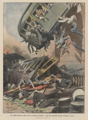 A great disaster on Berlin's elevated railway, a train that crashes causing numerous casualties (colour litho)