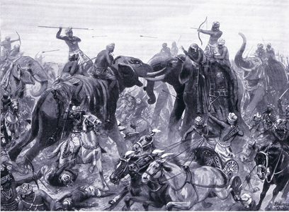 The defeat of Pulikesin IIChalukhya by Mahamalla Pallava at Badami 642 AD ( litho)