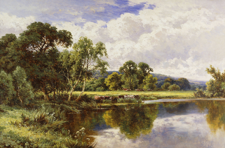 A Wooded River Landscape with Cattle, (oil on canvas)