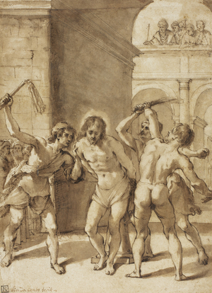 Flagellation of Christ (pen & brown ink, with brush & brown wash & traces of graphite, on cream laid paper, laid down on cream laid paper)