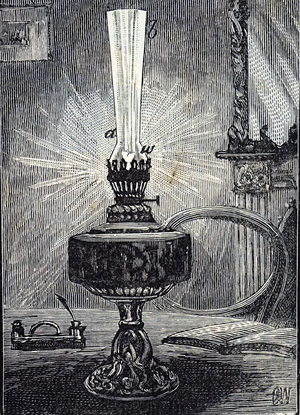 Engraving depicting an oil table lamp fitted with a glass shade, 19th century