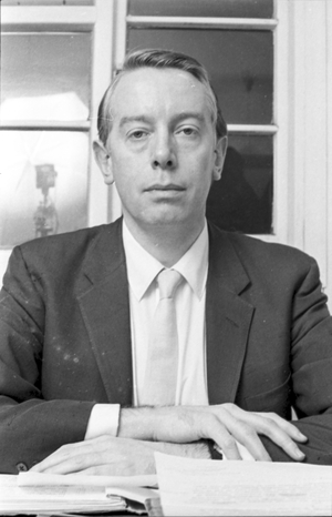 Ken Tynan, National Theatre Company offices at Old Vic, London, 1966 (b/w photo)