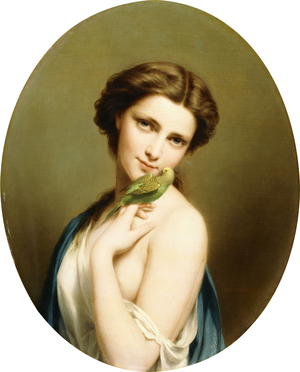 A Young Beauty with a Parakeet,  (oil on canvas)