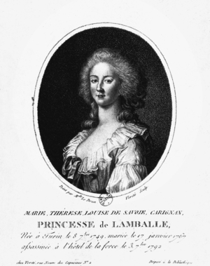 Marie-Therese of Savoy-Carrignan (1749-1792), princess of Lamballe, she was queen MarieAntoinette's superintendent, engraving