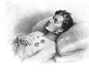 Napoleon II (1811-1832), king of Rome, son of emperor Napoleon 1st and empress Marie Louise, duke of Reichstadt in 1818, here on his death-bed, 1832, engraving